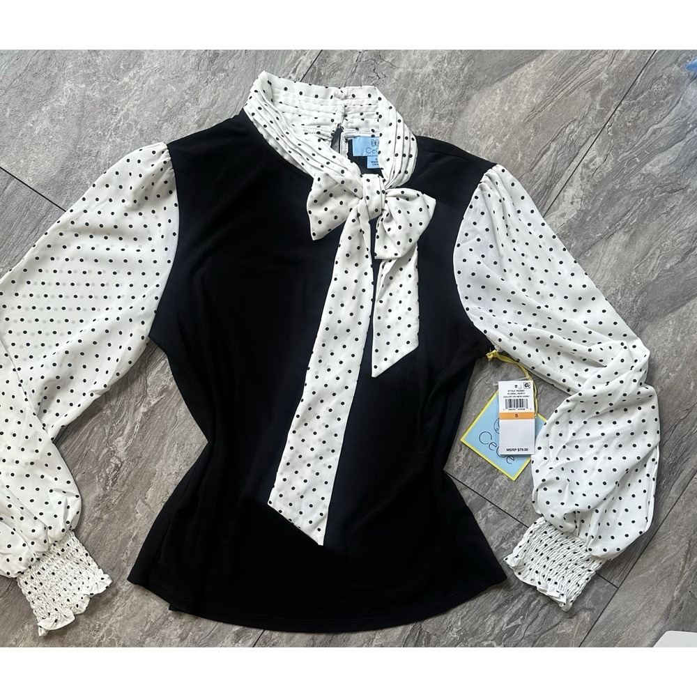 CeCe Women's Small Bow Neck Top Black Ivory Polka Dot Mixed Media NWT $79 0338